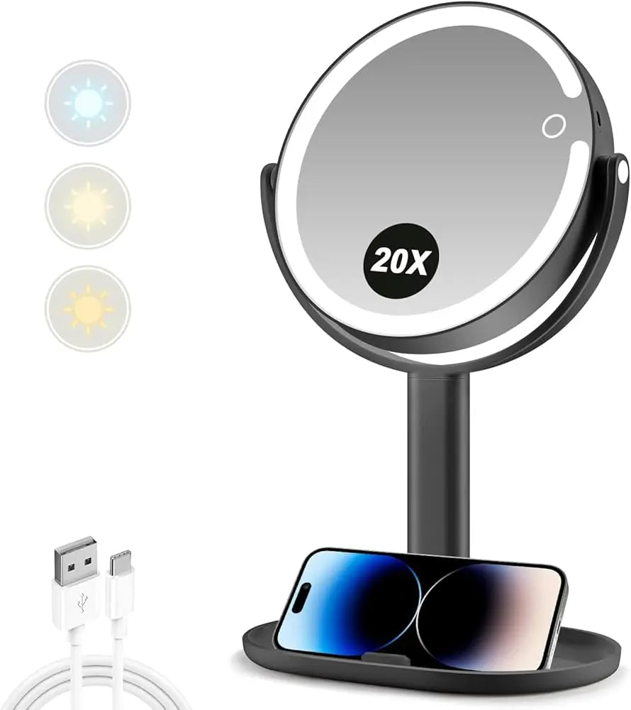 MIYADIVA Espejo de Maquillaje con Luz LED 3 Colores | Aumento 20X | Doble Cara
